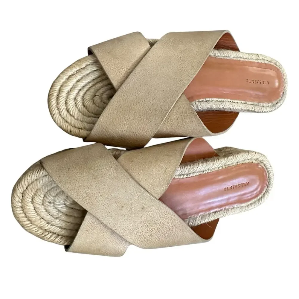 Allsaints Women's Harlem Espadrille Leather Platform Slides Sand size 38